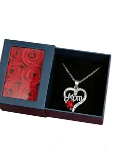 Heart Engraved Diamond Pendant Necklace, Eternal Rose Flower Gift Box, Mother's Day Present, Love Mom Jewelry, Elegant Design