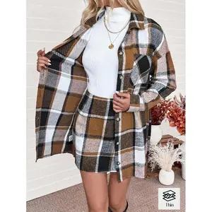 Women’s Casual Autumn Outfit: Front-Button Long-Sleeve Plaid Top & Mini Skirt Set