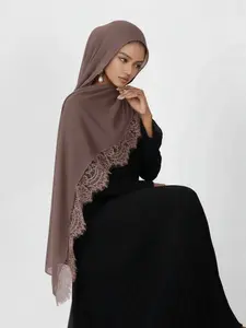 Women's Long Lace Edge Scarf, Hijab, Modesty, Breathable Outdoor Shawl Wrap, Casual Fitted Design, All over Print, Daily Wear Accessory