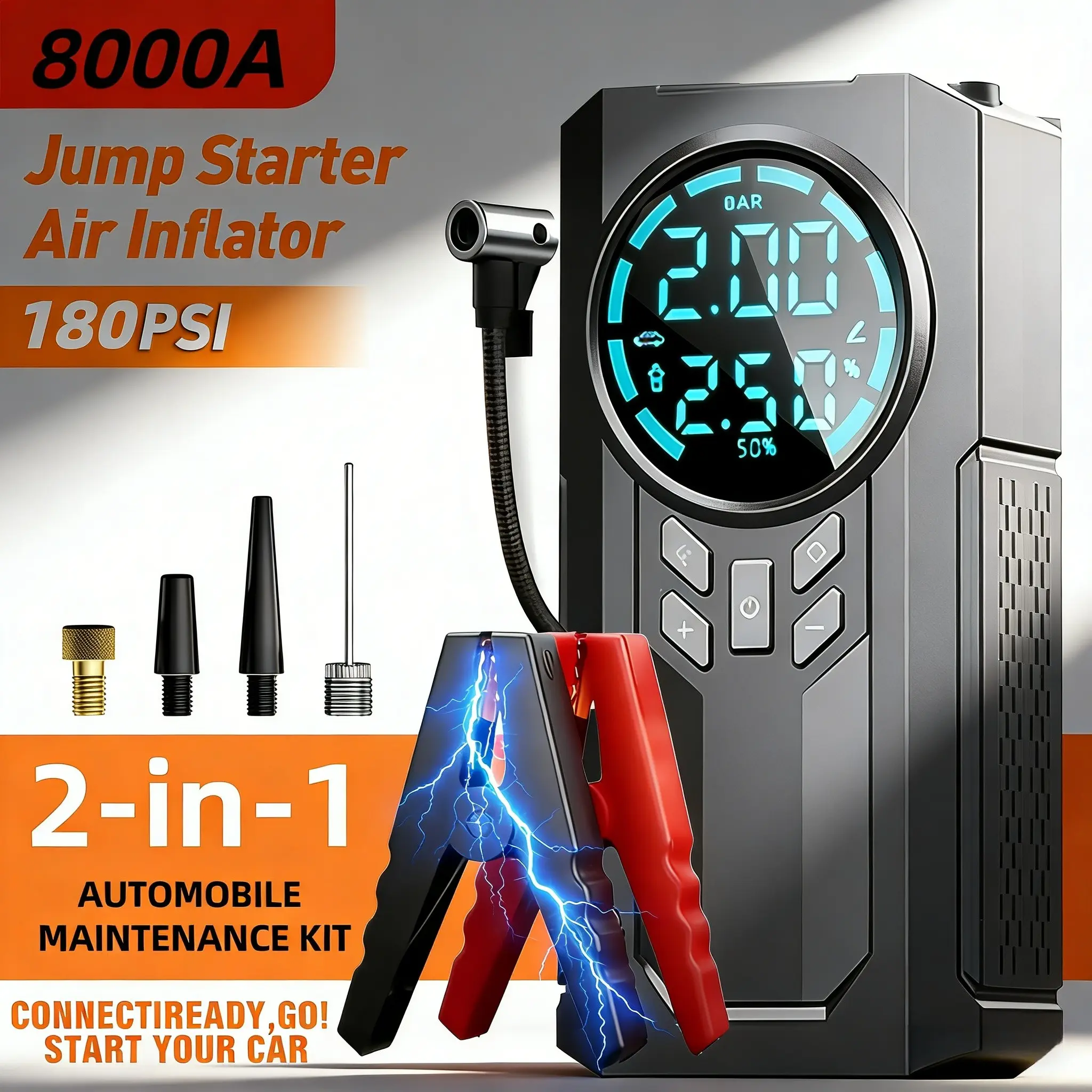 Multi-functional car emergency starter, Automotive tool kit, 2-in-1 repair kit, 180 psi air compressor and 8000A car start power supply, 12V/24V wireless charger, equipped with smart alligator clip and inflation accessories, professional emergency tool