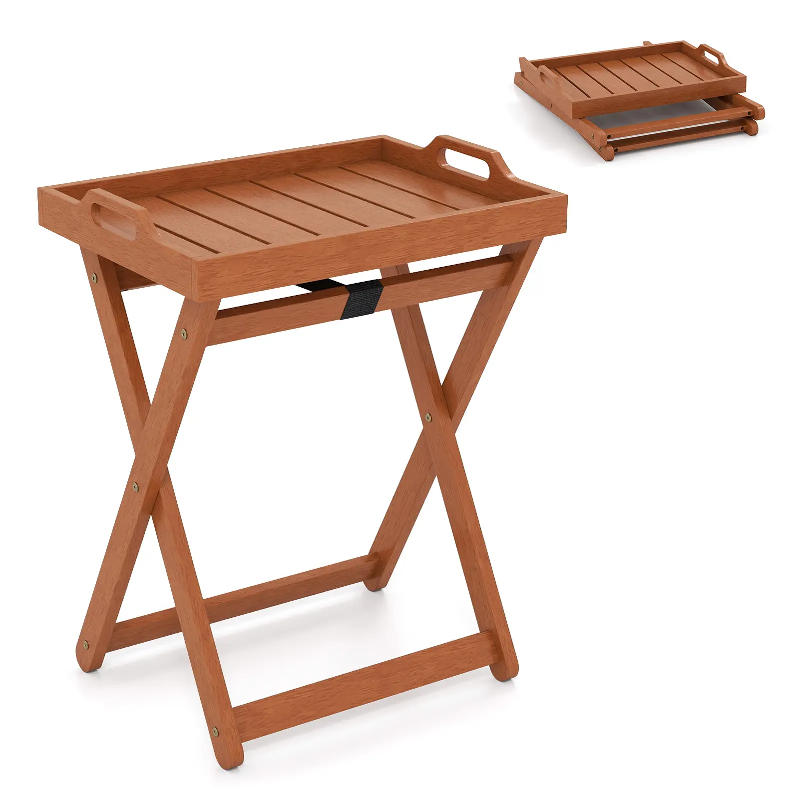 COSTWAY - Outdoor Wood Tray Table Portable Side End Table with Folding Frame