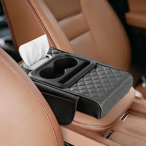 5-In-1 Car Armrest Pad, Multi-Functional PVC Leather Console Cushion, Universal Armrest Box Cover, Cup Holder, Phone Slot, Tissue Slot, 2 Storage Pouches, Multifunctional Car Organizer
