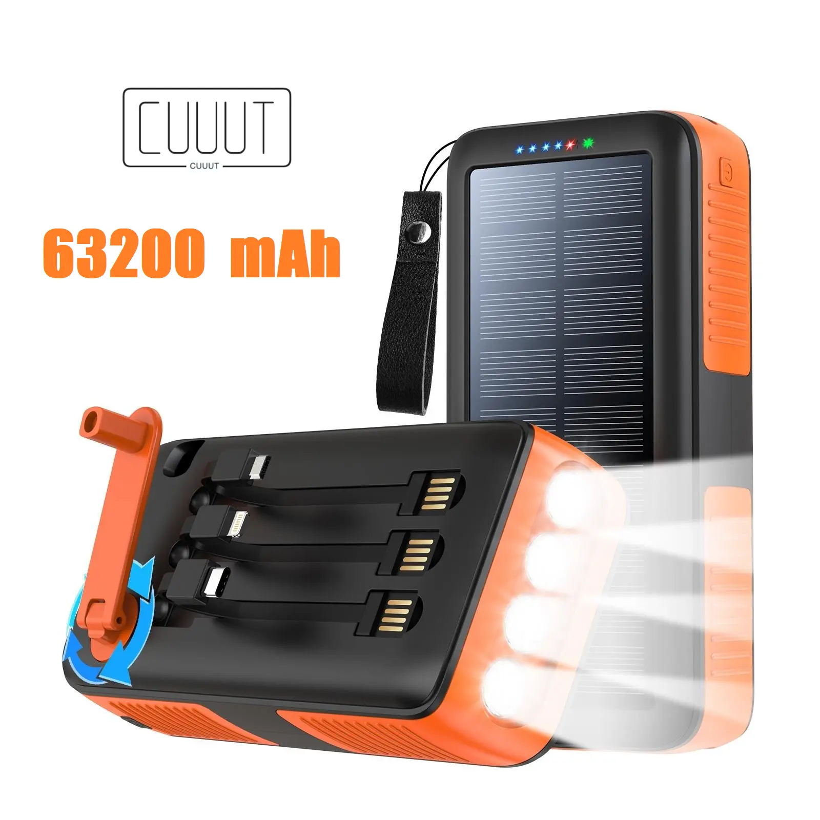 CUUUT Portable Solar Charger Power Bank 63200mAh Hand Crank Charge,Built in 3 Cables 4 Outputs 15W Fast charging Device,4 flashlights LED lighting /SOS/ flashing  for Spring Outdoor Camping,Mother's Day Gift Accessories Micro Smartphone Usb Chargeable