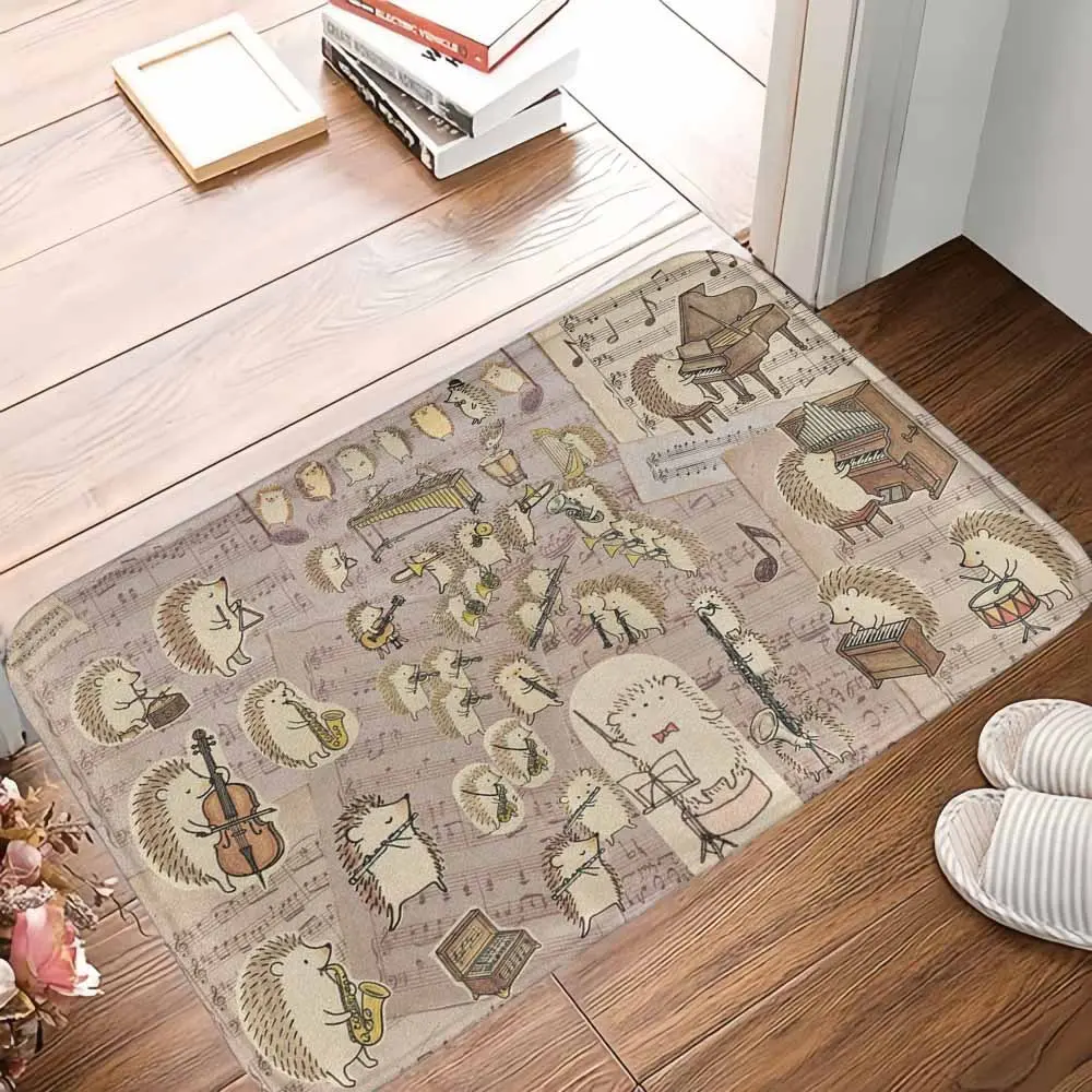 Cute Hedgehog Musical Orchestra Themed Decorative Flannel Rug - Polyester Blend Fabric, Soft Texture, Anti-Slip Rubber Base, Durable, Cartoon Animal Instrument Print, Washable for Living Rooms & Home Areas, Ideal Housewarming Gift for Music Lovers