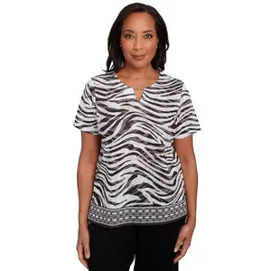 Alfred Dunner Women's Beaded Split Neck  Animal Print Top , Black/Tan , Size L
