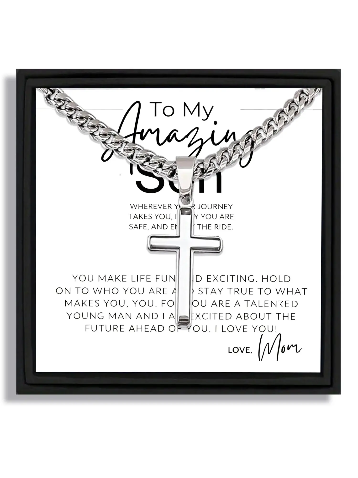 1 piece silver cross pendant Cuban link chain necklace Cross necklaces suitable for Mother's Day gift to son with blessing card and box Jewelry Gifts