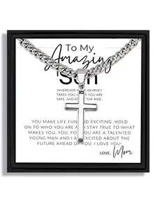 1 piece silver cross pendant Cuban link chain necklace suitable for Mother's Day gift to son with blessing card and box Jewelry Gifts