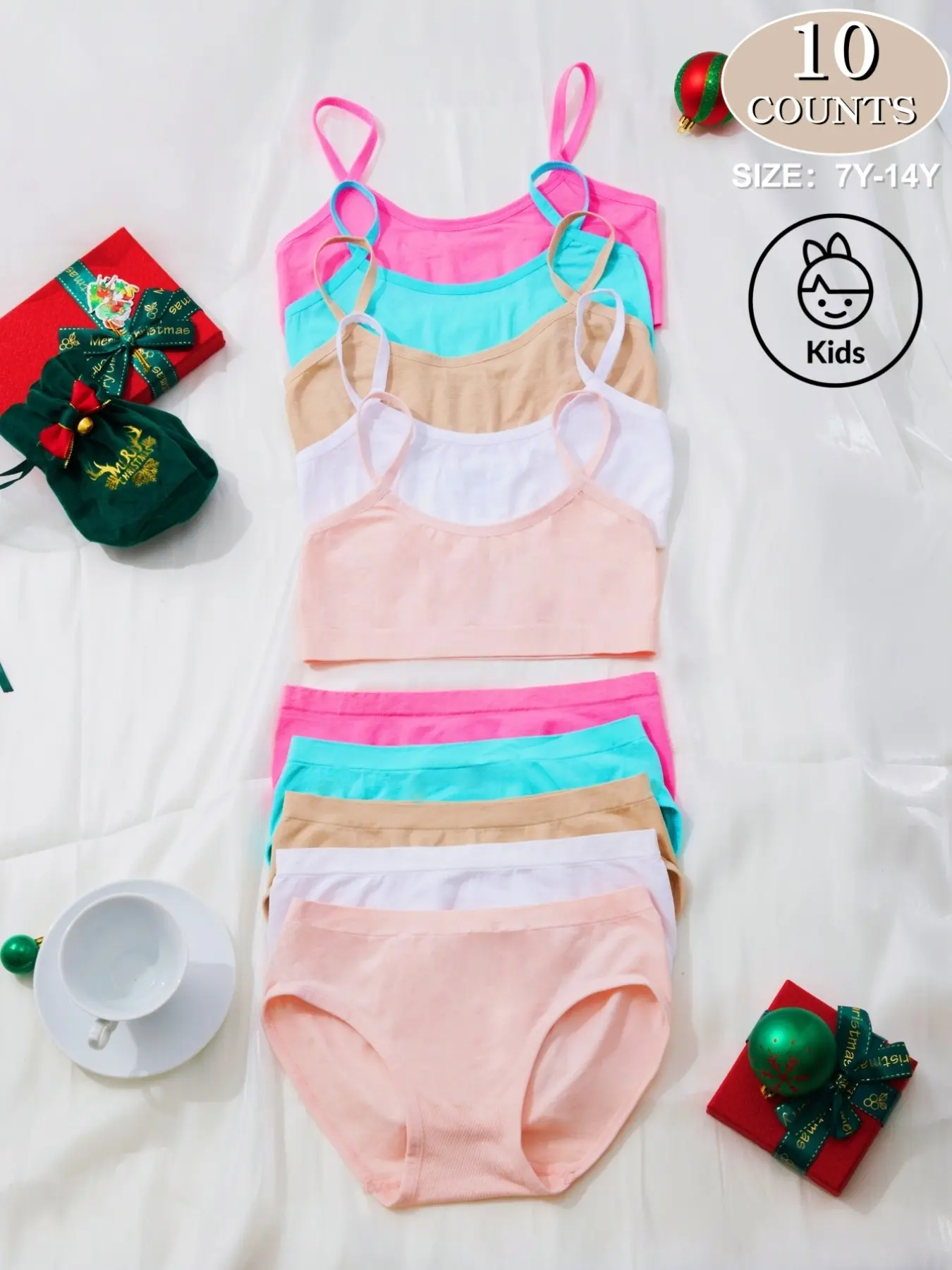 2/6/8/10-Piece Cute Girls' Youth Seamless Tank Top Bra and Triangle Panty Set, Simple Solid Color Underwear, Comfortable for Ages 7-14, All Seasons