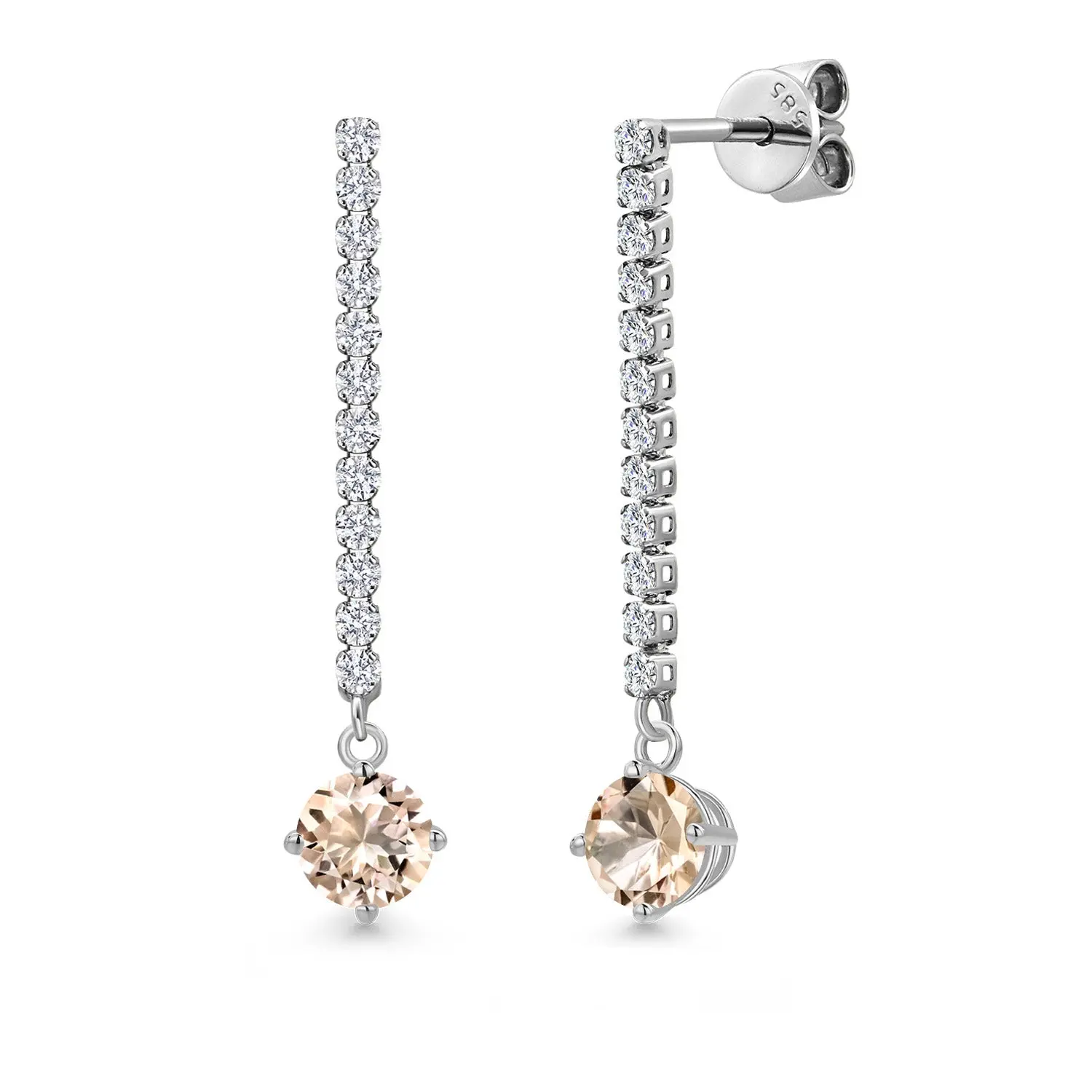 14K White Gold Peach Morganite and White Lab Grown Diamond Long Liner Dangle Earrings for Women | 1.16 Cttw | Gemstone October Birthstone | Round 5MM | White Gold Chain Drop Earrings