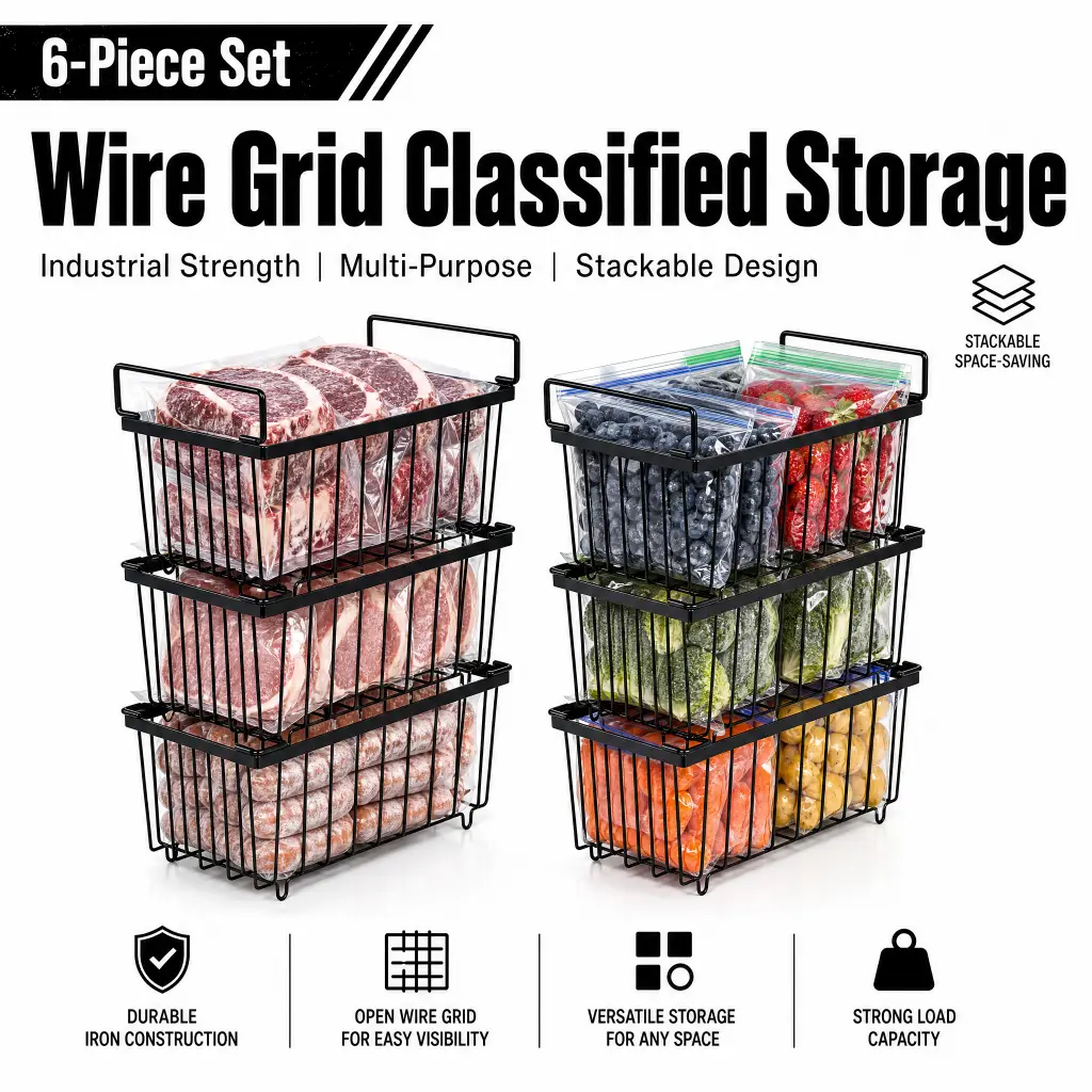 Stackable Wire Storage Baskets Boxed Set - Rectangular, Pull Handle, Metal Frame, 4-Pack/6-Pack Optional, Chest Freezer Organizer for Kitchen Cabinets