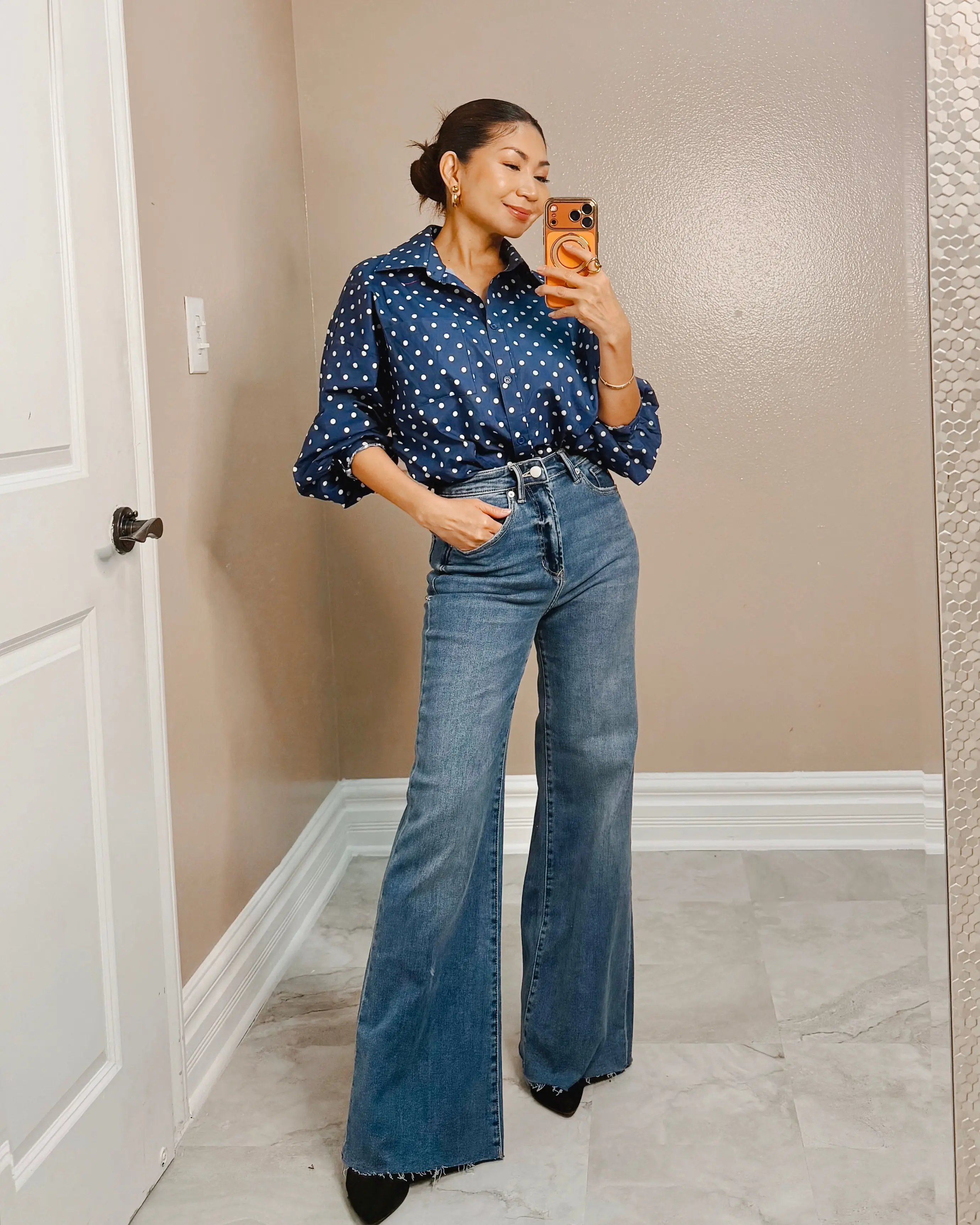 Le Bleu Polka Button Up Top