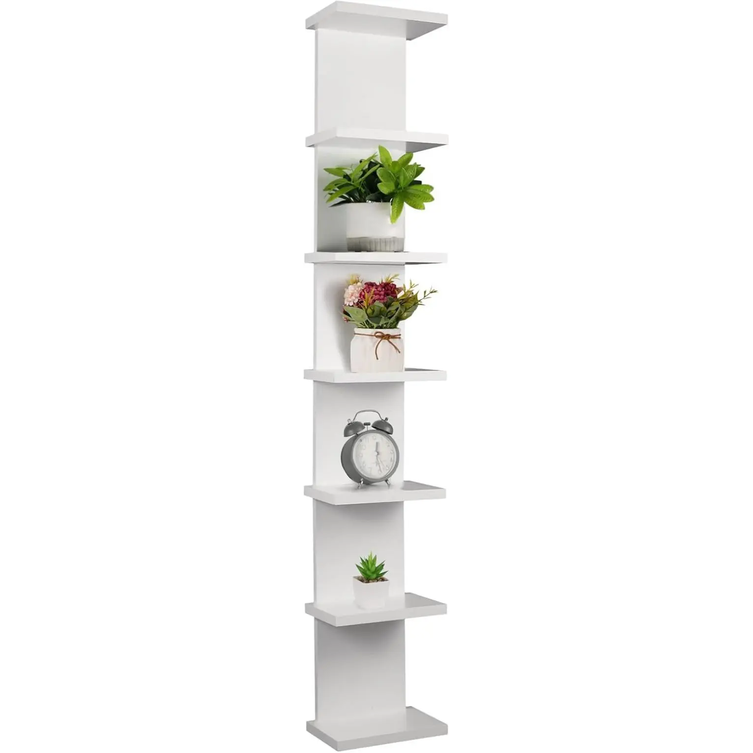 7 Tier White Floating Wall Shelf, 43" Wooden Vertical Storage Shelf Unit, Column Wall Decor Display Rack for Books, Plants, Photos & Home Decor, Space Saving Wall Mounted Shelf for Living Room, Bedroom, Bathroom