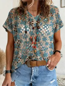 Spring/Summer style, V-neck diamond hollow-out loose batwing raglan short sleeve cover-up, contrast color floral print women's knitted top, vacation style, bikini cover-up, Swimwear Cover Up