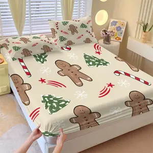 Christmas Gingerbread Man Fitted Sheet Set, 1 Fitted Sheet and 2 Pillowcases, Christmas Tree, Candy Cane Pattern, Warm & Childlike Bedding, Soft Breathable Fabric, Bed Sheets, Perfect for Holiday Gifts and Bedroom Decor