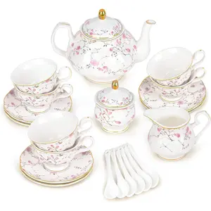 21-Piece Gold Vine Floral Porcelain Tea Sets with Sugar Bowl Creamer Teacups, English Bone China Tea Service for Women Tea Party Family Gathering Home Décor