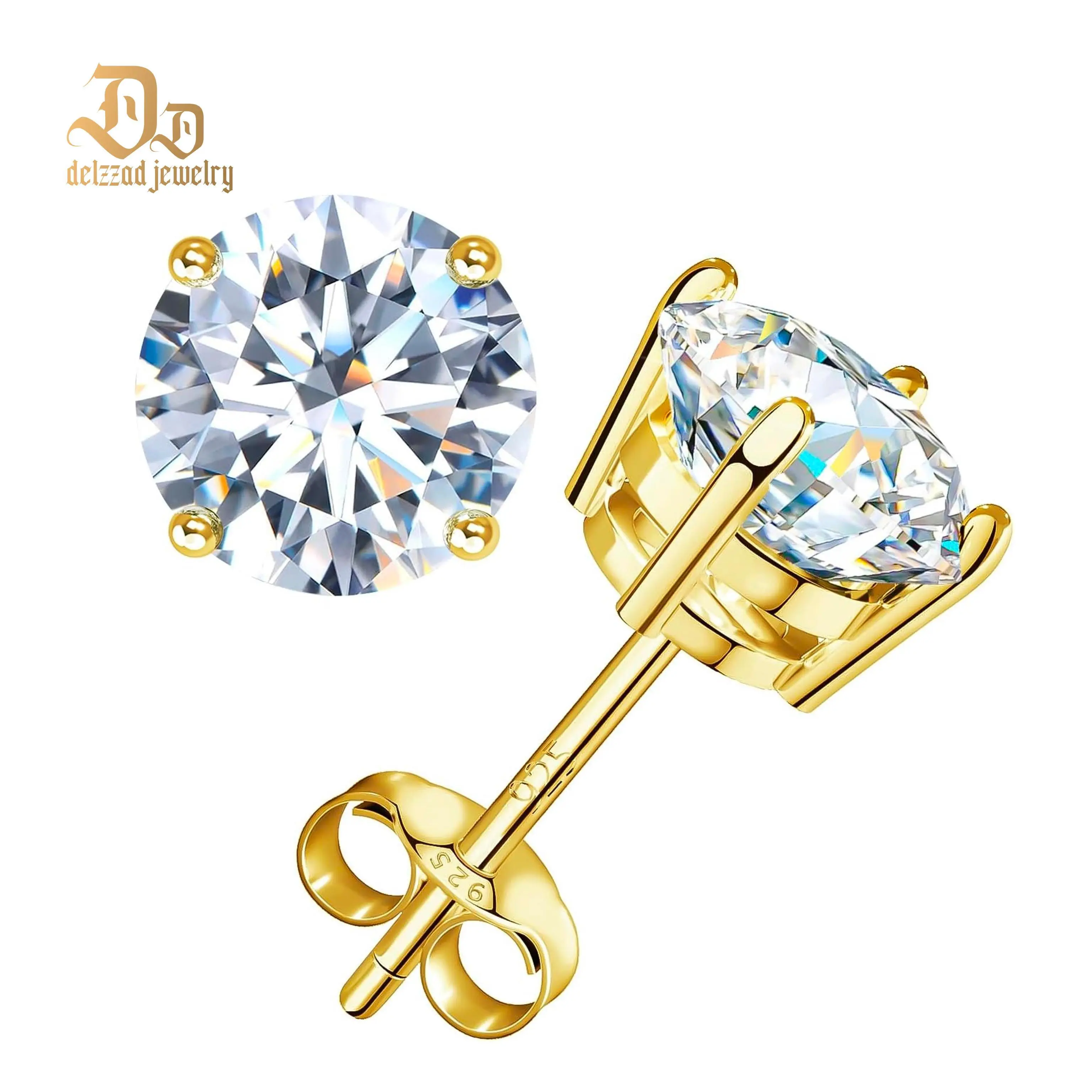 Delzzad S925 Four Prong Stud Earrings Round Synthetic Moissanite Prong Stud Earrings Jewelry Anniversary Day Birthday Valentine's Day Christmas Gifts For Men Women