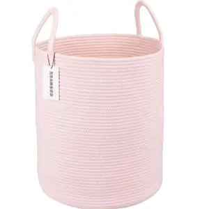Cotton Rope Laundry Basket Hamper for Girls Kids Baby Nursery Hamper Bin Woven Storage Basket for Living Room Girls room Boho Tall Rope Baskets for Blanket Toys Large light pink