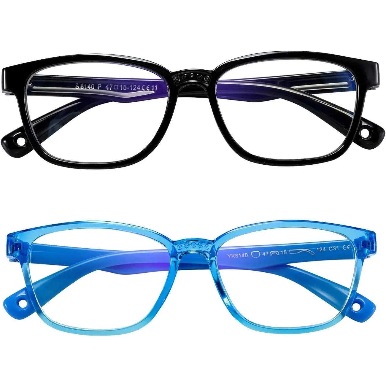 Kids Blue Light Blocking Glasses 2-Pack with UV Protection, Anti-Eyestrain Plastic Frames, Child-Friendly Computer Gaming Eyewear for Boys Girls Ages 3-9 (Black+Transparent Blue)