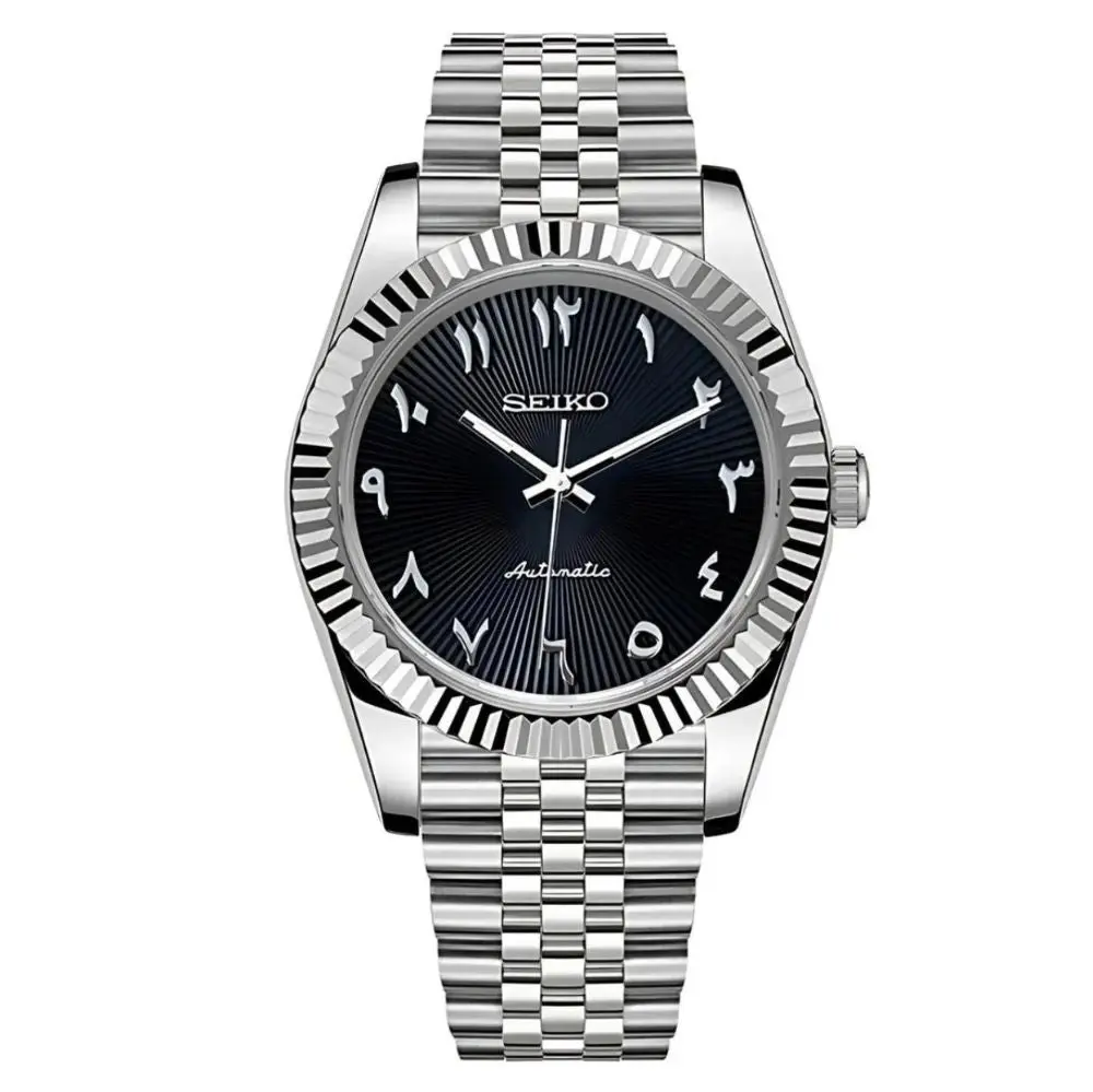 Refined Mechanical Watch, 39mm Unisex Round Face with Black Textured Dial and Arabic Numerals, 904L Stainless Steel, Calendar Date, Detailed