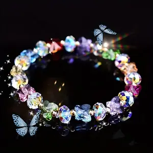 1pc Shiny Butterfly Charm Synthetic Crystal Beaded Stretchable Bracelet, Elastic Rope Bracelet Bohemian Jewelry For Teen Girls