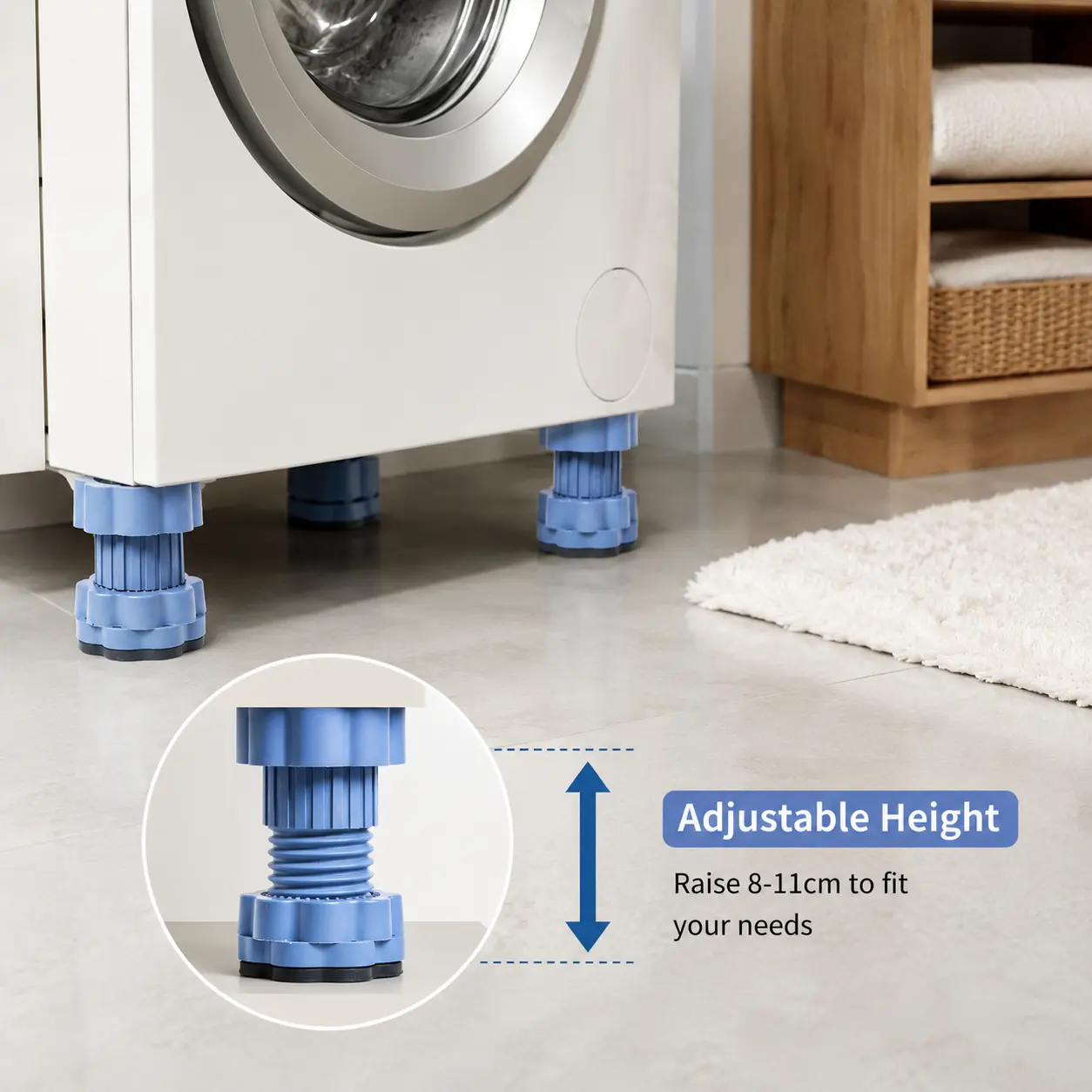 4 Pcs Set of Rotating Spiral Washing Machine Riser Pads - Adjustable Height (8-11cm), Nonslip Surface, Shock Absorbing Hardware Pads for Wobbling Reduction, Space Elevation, Easy Cleaning