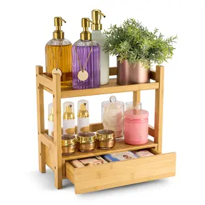 2-Tier Bamboo Countertop Shelf with Drawer Household Organiser Racks Wood Nature