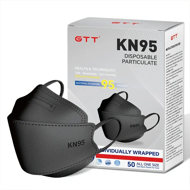 200PCS/4packs 5-Layer, Black KN95 3D Fish-Shaped Face Masks, 95% High Filtration Protection,  Individual Packaging, Breathable Disposable Protective Masks, Soft Comfortable Non-Woven Safety Mask for Adults