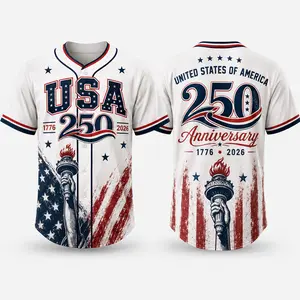 Men’s USA 250 Anniversary Inspired Baseball Jersey,Breathable Mesh Button Front Short Sleeve Shirt,Patriotic Red White Blue Graphic Top for Independence Day,BBQ,Parade and Family Party