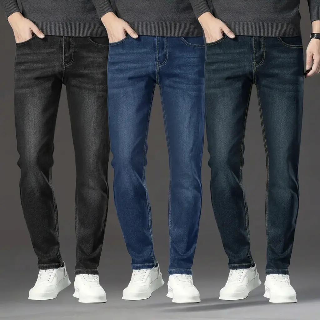 Men's Classic Slim-Fit Fitted Jeans Pants 3-Pack, Durable Polyester-Elastane Denim Look Denim Fabric, 5-Pocket Button-Front Essential Casual Menswear Pants, Plain Bottoms, Essential Jeans