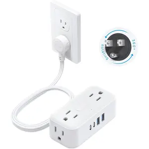 360? Rotating Flat Plug Power Strip, 5FT Extension Cord with 4 USB Ports, 4 Wide Spaced AC Outlets, Wall Mount, 900J Surge Protector for Office Travel Dorm Room Essentials, White