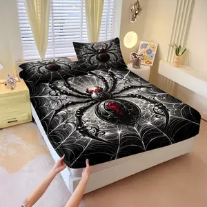 3Pcs Gothic Spider Web Print Fitted Sheet Set, Bed Sheets, Dark Street Trend Style, High-count Soft Breathable Non-slip Bedding Set, for Boys Bedroom, Gaming Room, Spooky Theme