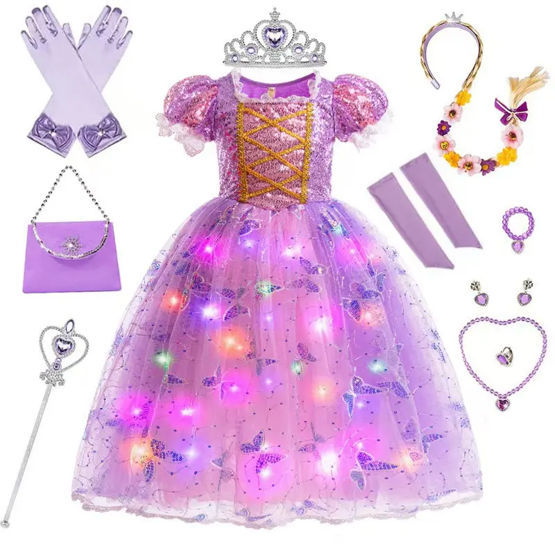 Girls' Light-Up Full Length Princess Dress, Fantasy Princess Cosplay Girly Outfit with Gloves for Parties & Halloween, Girly Outfits, Cute Girly Outfit