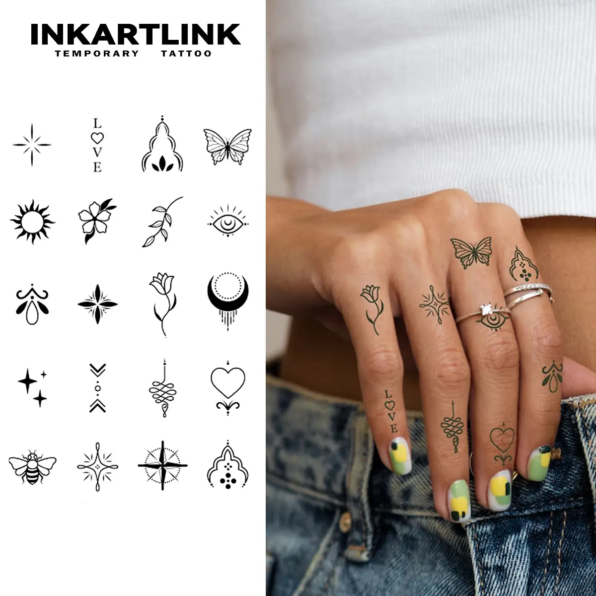 INKARTLINK Semi-Permanent Tattoos for Women, 2 Sheets Waterproof Fake Tattoo Stickers with Henna Flower Designs for Fingers, Suitable for All Skin Types, Fake Tattoos