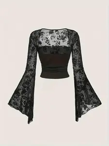 Elegant Lace Bell Sleeve Bowknot Fitted Top, Polyester Blend, Tie Neck, Long Sleeve, Solid Color, Knit Fabric, Women's Fashion