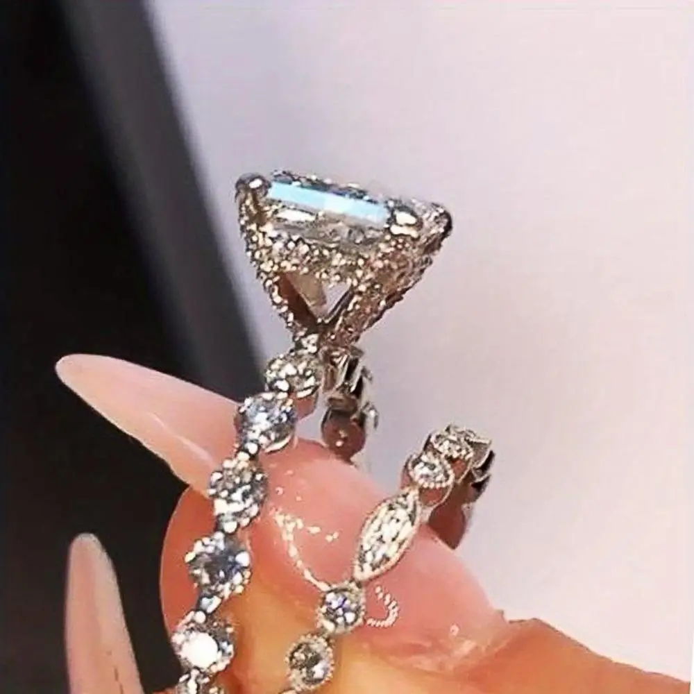 Women's 2-Piece Cubic Zirconia Ring Set, Elegant Square Cut Bridal Engagement Jewelry, Glamorous Sparkling Ring Stack for Party or Valentine's Day Gift, Artificial Gemstone Ring, Wedding