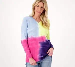 LOGO by Lori Goldstein Double V-Neck Tie Dye Sweater