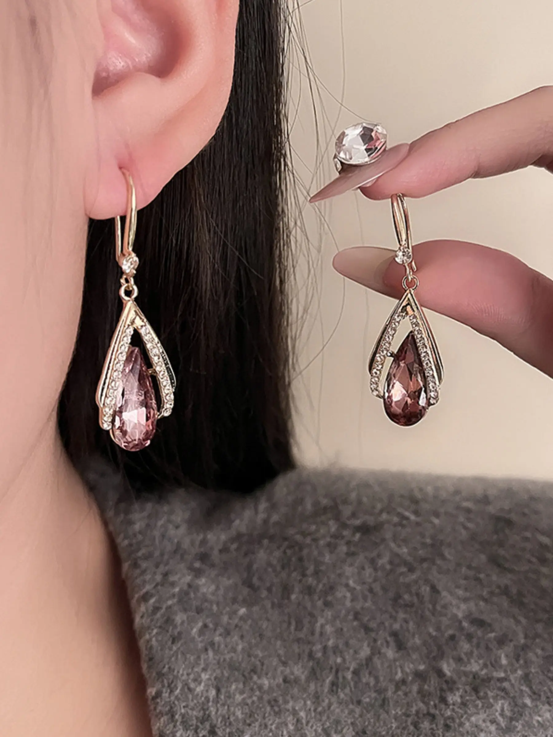Low Allergy Teardrop Gemstone Diamond Earrings, Elegant Drop Earrings for Women, Fashionable Hook Design, Versatile Sparkling Ear Jewelry for All Occasions