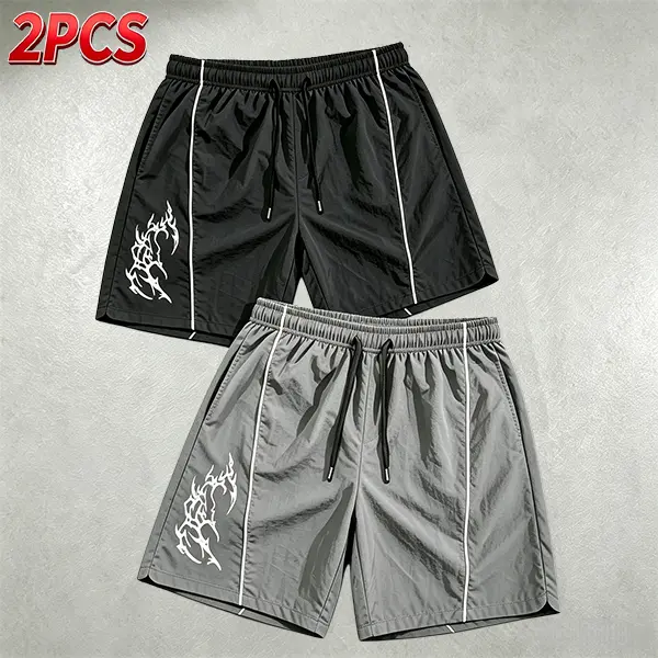 Men’s Polyester Graphic Shorts (Pack of 2) - Unisex Flame Print, Side Stripe, Drawstring Elastic Waistband, Breathable Athletic, Casual Chic Bottoms, Men’s Shorts, Athletic Shorts