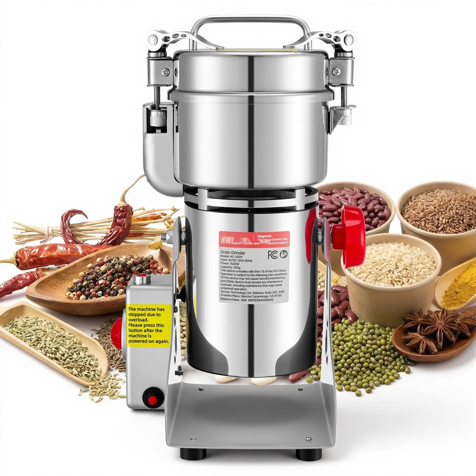 300G Electric Grain Mill Grinder, 1500W 28000RPM High Speed Spice Corn Dry Grinding Machine, Stainless Steel Pulverizer Powder Machine for Dried Grains Coffee Beans Spices Nuts (270° Swing Type)