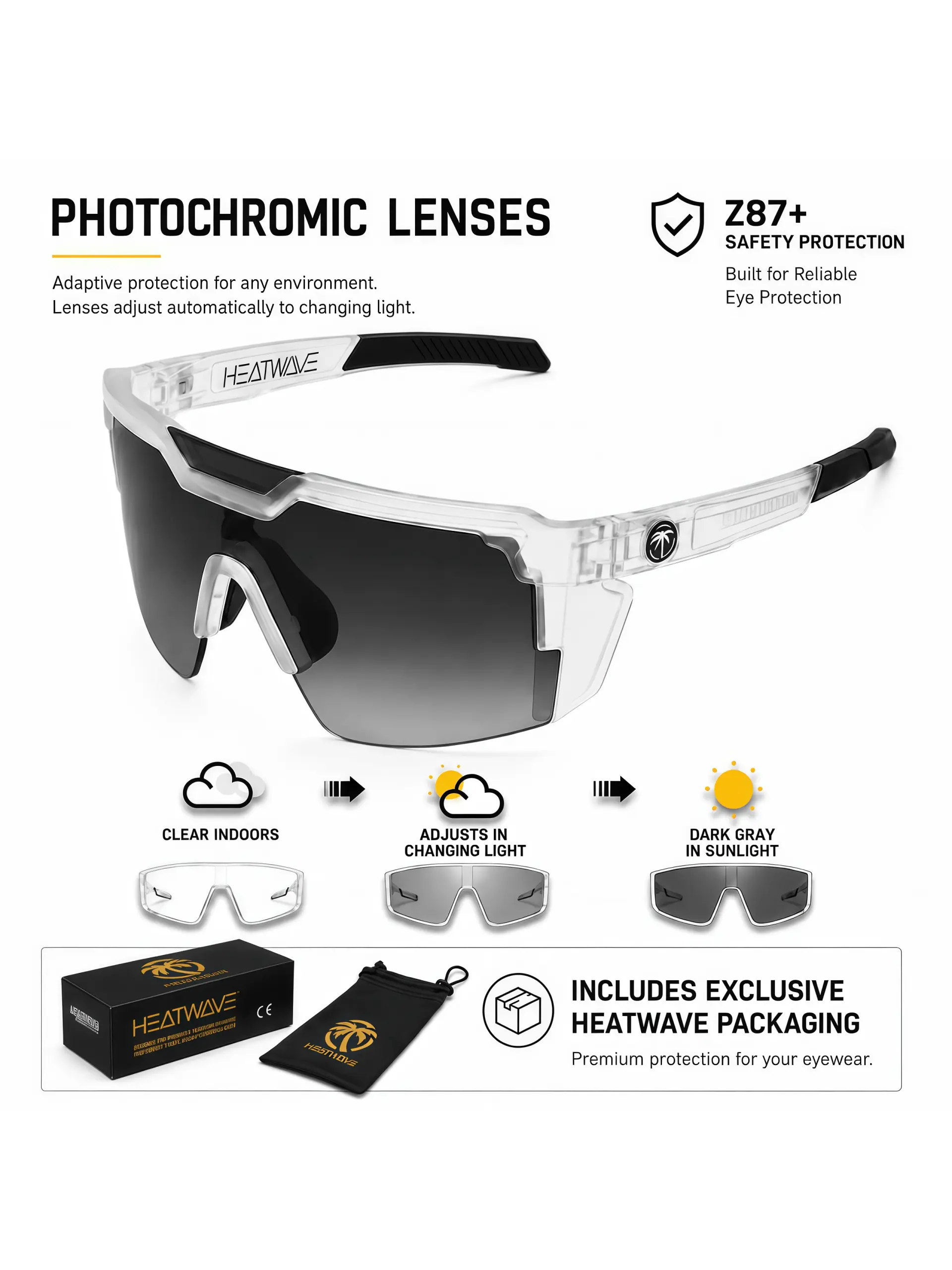 New HEATWAVE High-Quality Photochromic Kitchenware Shades - Square Single-Lens, Unisex Adults' Cycling Use, UV400 Protection, Z87+ Certified, Color Changing, Retro Aesthetic, Photochromism Adjusts in Changing Light