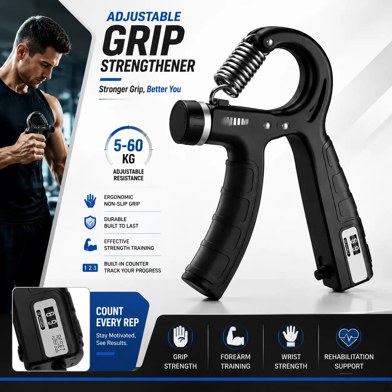 Adjustable Hand Grip Strengthener - Non-Slip Grip Strength Trainer for Forearm, Wrist & Finger Exercise, Ergonomic Resistance Exerciser for Home Workout & Rehabilitation