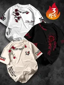 American Street Style Floral Rose Print Oversized T-Shirt 3-Pack, New York/los Angeles City Slogan, Loose Fit Oversize Short Sleeve Top Streetwear