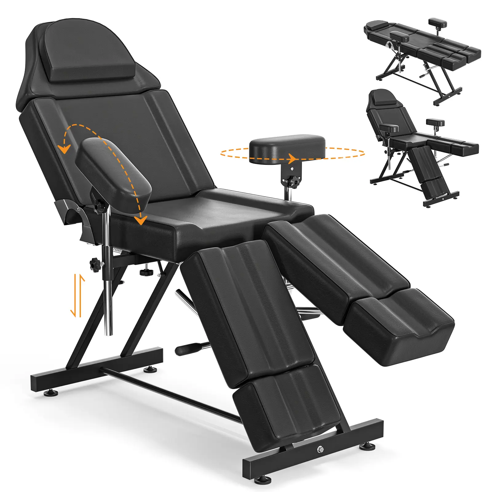 Commercial Salon Swivel Leather Barber Chair with Split Legs, Adjustable Armrests, Extended Headrest, Extended Leg Rests - Glam Metal Beauty Salon Equipment for Estheticians, Massages