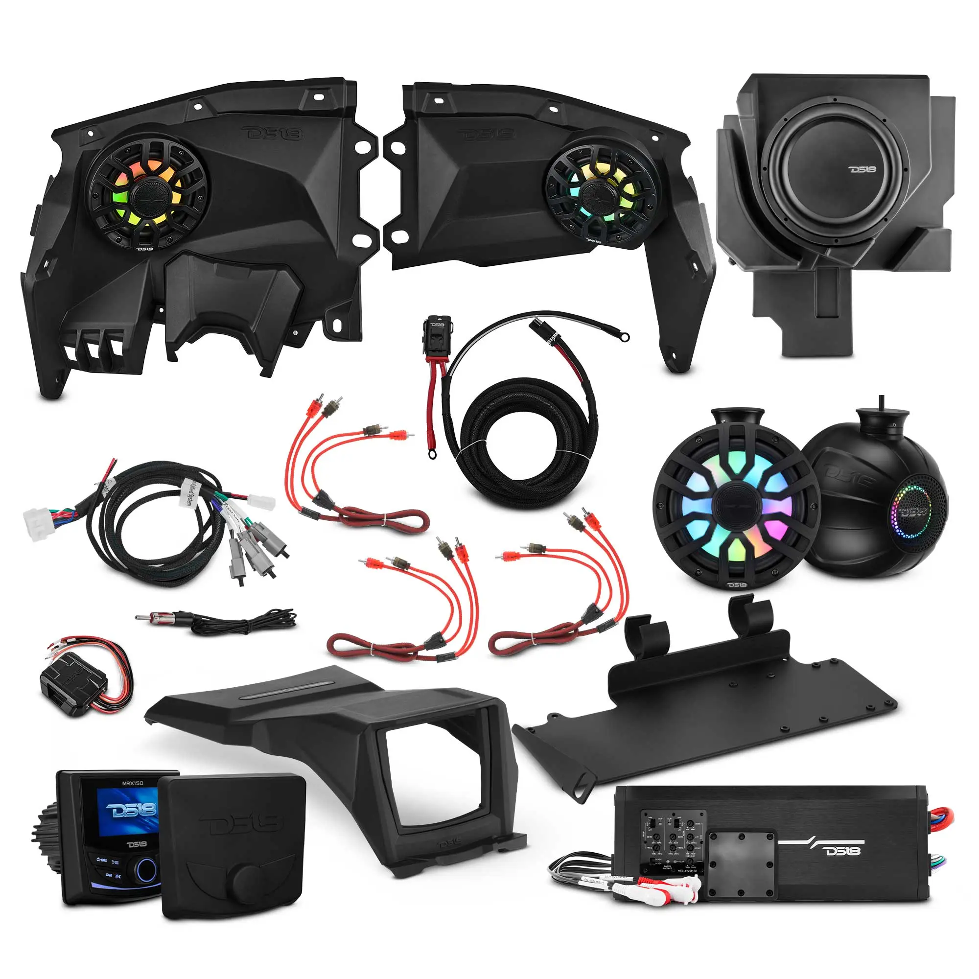 Can-Am Maverick X3 Stage 4 - Dash Speaker Panels, 8" Tower Speakers, 12” Subwoofer, Amplifier, Bluetooth Radio & LED Lights