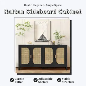Sideboard Buffet Cabinet with 4 Rattan Doors, Adjustable Shelves, Mid Century Modern Coffee Bar Cabinet, Kitchen Storage Cabinets, Living Room Accent Cabinet