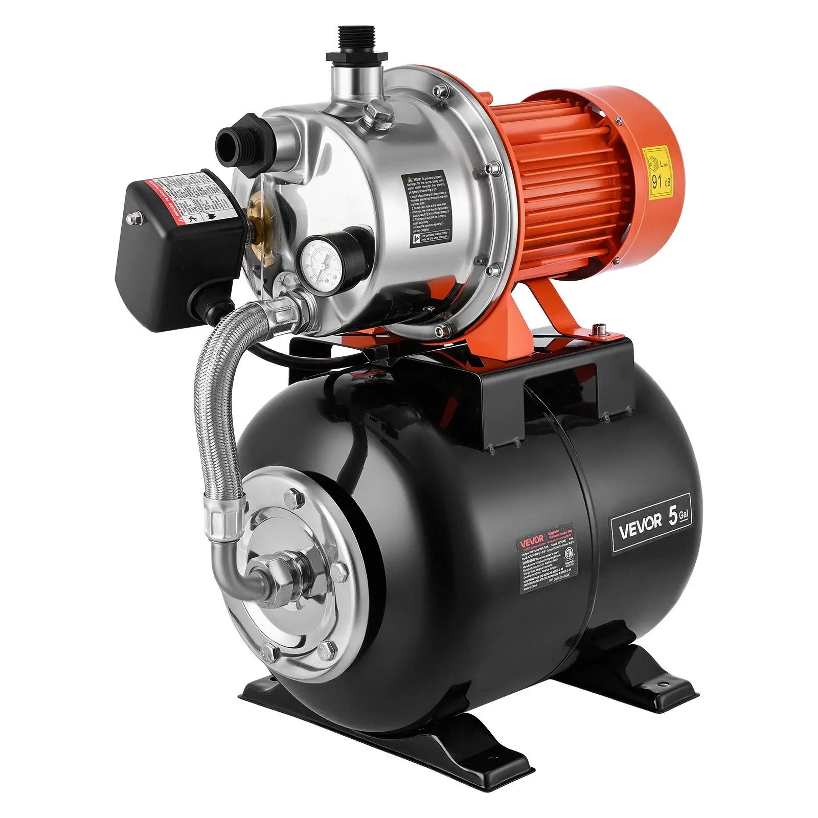 【Summerfinds】VEVOR 304 Stainless Steel Shallow Well Jet Pump, 1.6 HP, 5-Gal Pressure Tank, 120V, 1320 GPH Flow, Auto Shut-Off Water Booster System with Corrosion & Wear Resistance, Extends Pump Life for Home Garden, Lawn Maintenance