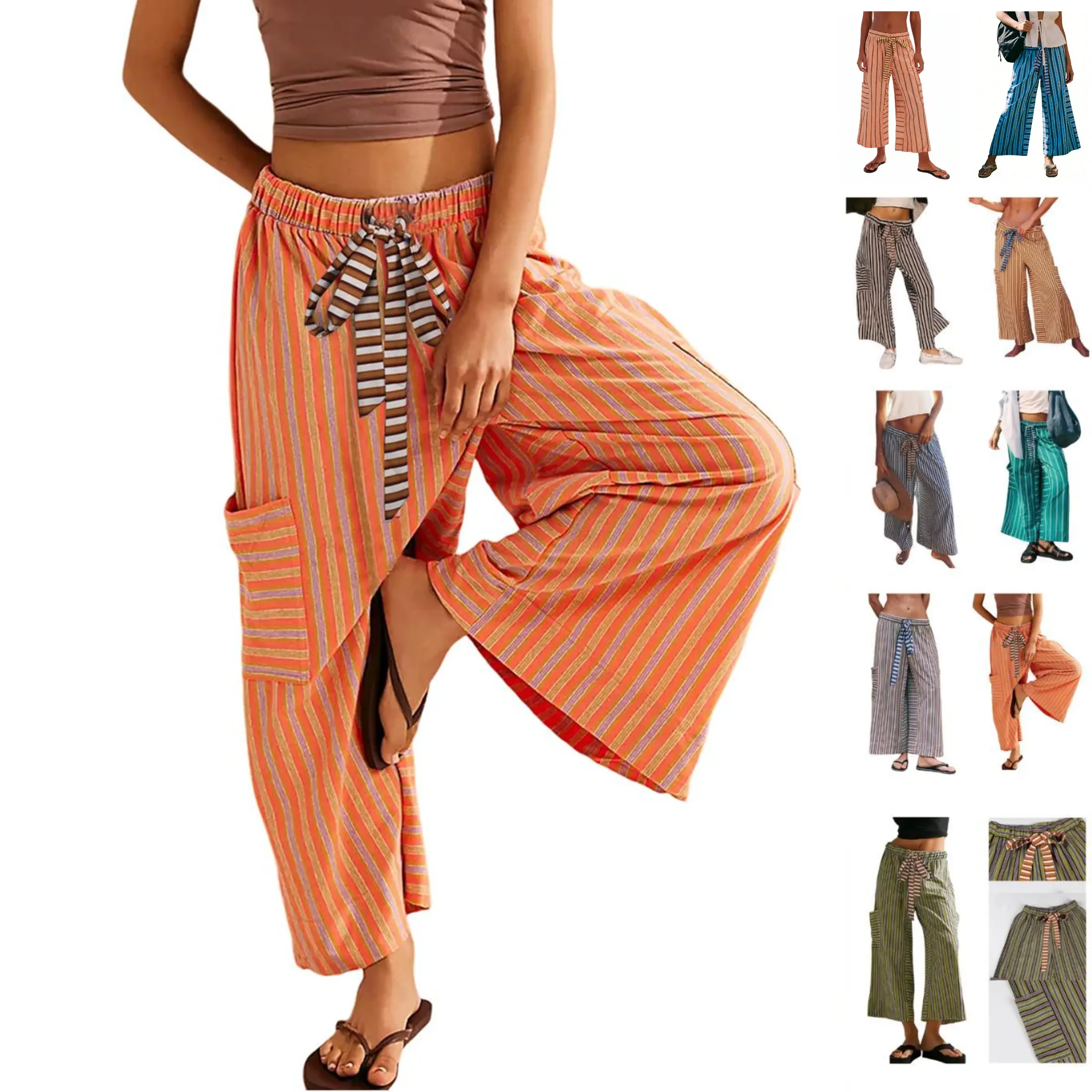 JovenPara Women's Casual Loose Fitted Striped Wideleg Lounge Pants - Drawstring Waist, Pockets, Bohemian Boho Clothes for Women, Beach & Daily Wear Blue Bottoms, Women's Clothes,back to school shopping