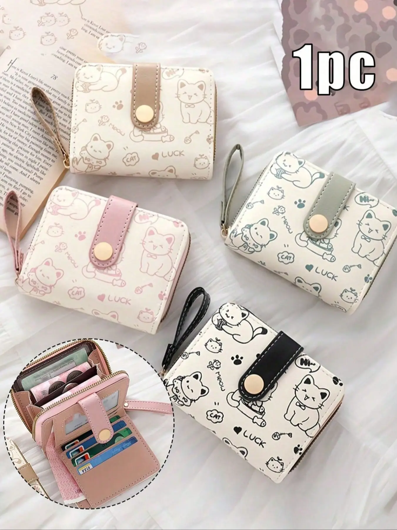 Women's Mini Wallet, Ladies Wallet with Cute Cat Pattern, Compact Zipper Coin Purse, Multi-Card Slots, Wrist Strap, Large Capacity, Casual Fashion Faux Leather, Zipper Card Holder