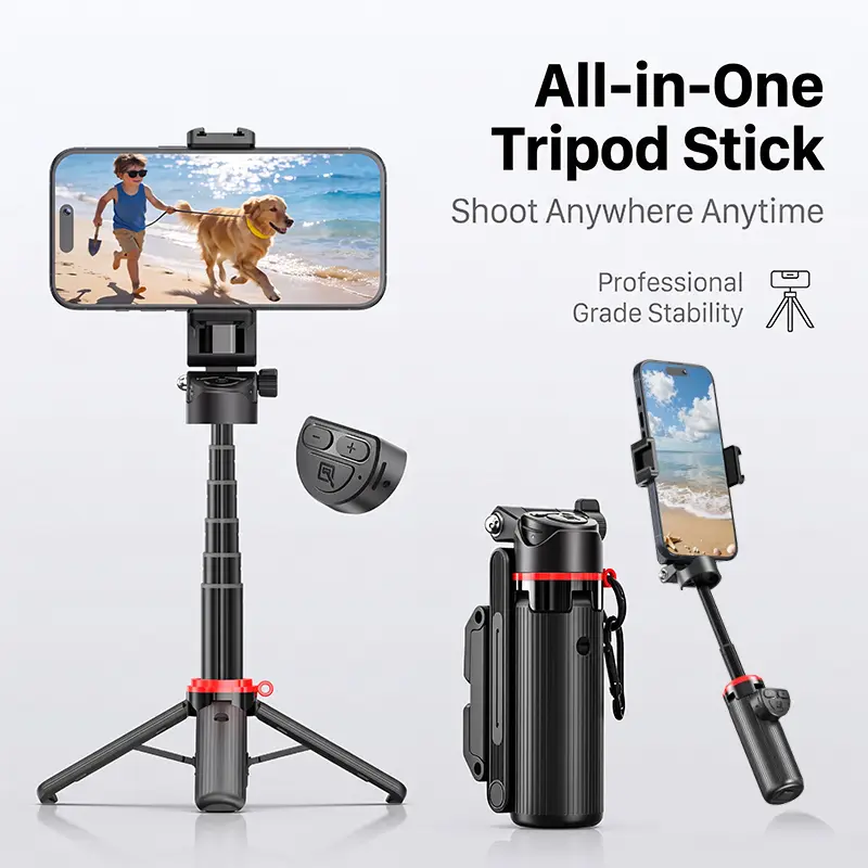 2026 All-in-1 Folding Handheld Selfie Stick Tripod with Bluetooth Remote & Hook, Extendable Silicone-Stabilized Mobile Phone Stand, Portable Accessories for iPhone Android, Ideal for Travel & Live Streaming, Selfie Stick Tripod + Bluetooth Remote + Hook