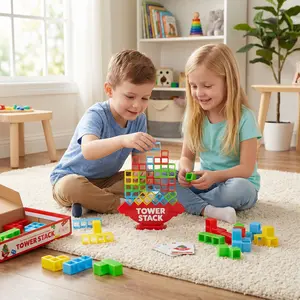 Tower Stack by Luckin Land – The Viral Head-to-Head Stack & Balance Game for Family Game Night, Kids & Adults Ages 8+, Complete with Blocks, Cards & Tower Base